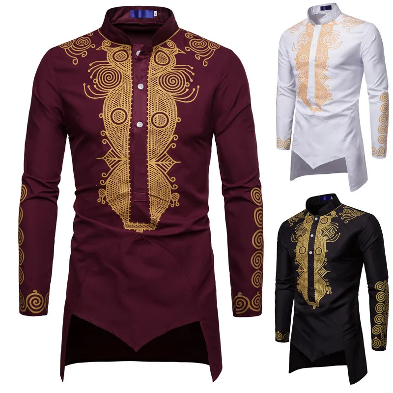 Ethnic Pattern Golden Floral Heat Transfer Print Stand Collar Thobe Muslim Clothes for Men