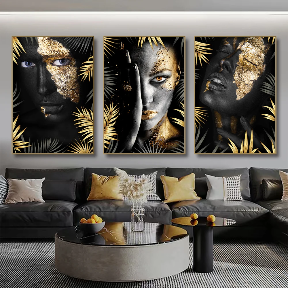 High Quality Black And Gold African Woman Portrait Canvas Painting Abstract Digital Print Painting