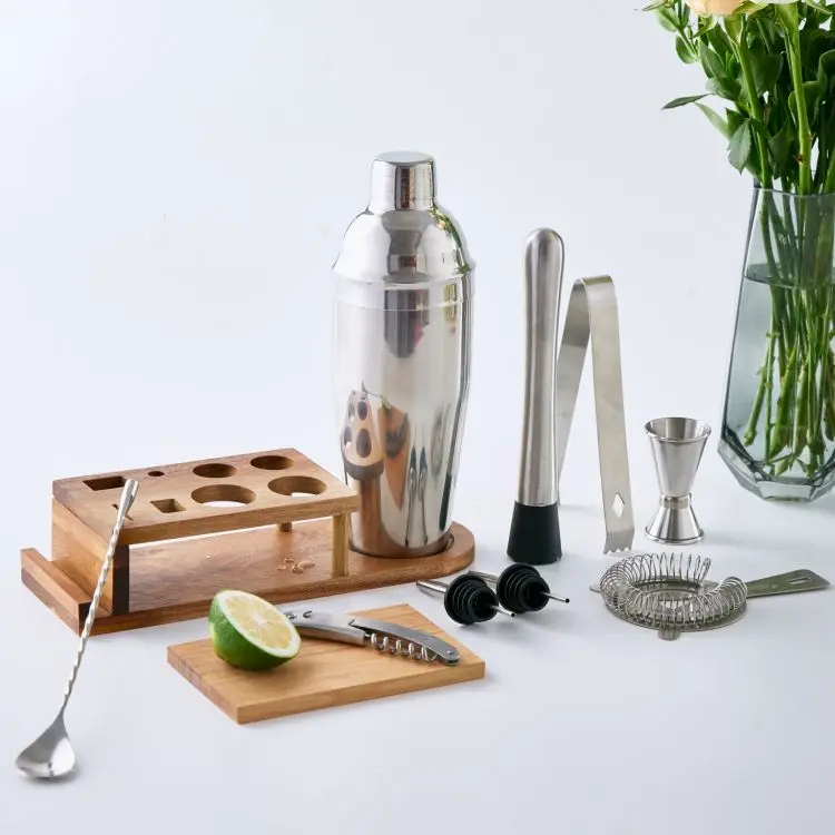 Good Price Bartender Kit Bar Cocktail Shaker Mixer Set with Stand Spoon Muddler Strainer Tong Pourer Jigger Corkscrew Board
