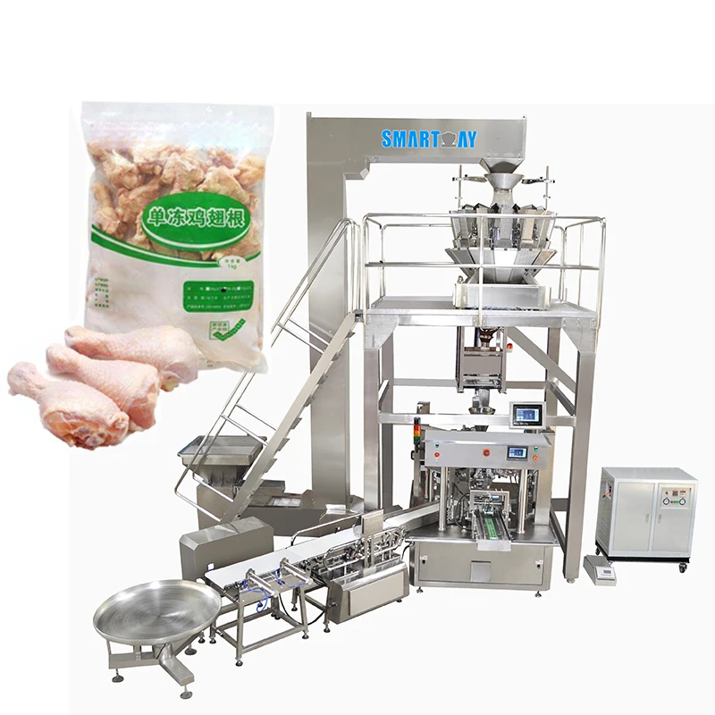 Full Automatic VFFS vertical weighing filling frozen food broiler wing chicken leg duck neck packing machine with PE pillow bag