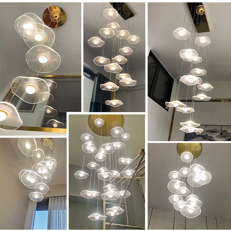 New living room chandelier simple creative lotus leaf loft apartment hotel villa pick high school empty stairs long chandelier