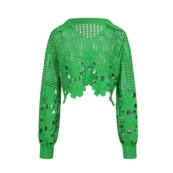 Knitwear manufacturers custom green polo collar long sleeves cutout women crochet sweater
