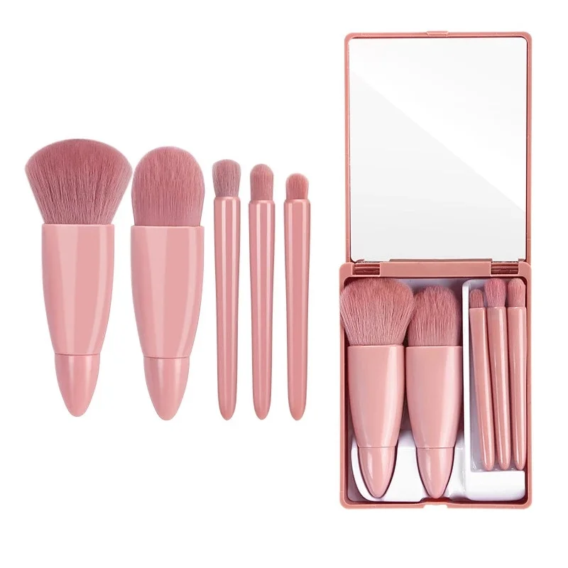 Makeup Brushes Set Portable 5pcs Multi-function Cosmetic Brushes Kit Powder Blush Foundation Eye Shadow Brush with Mirror Case