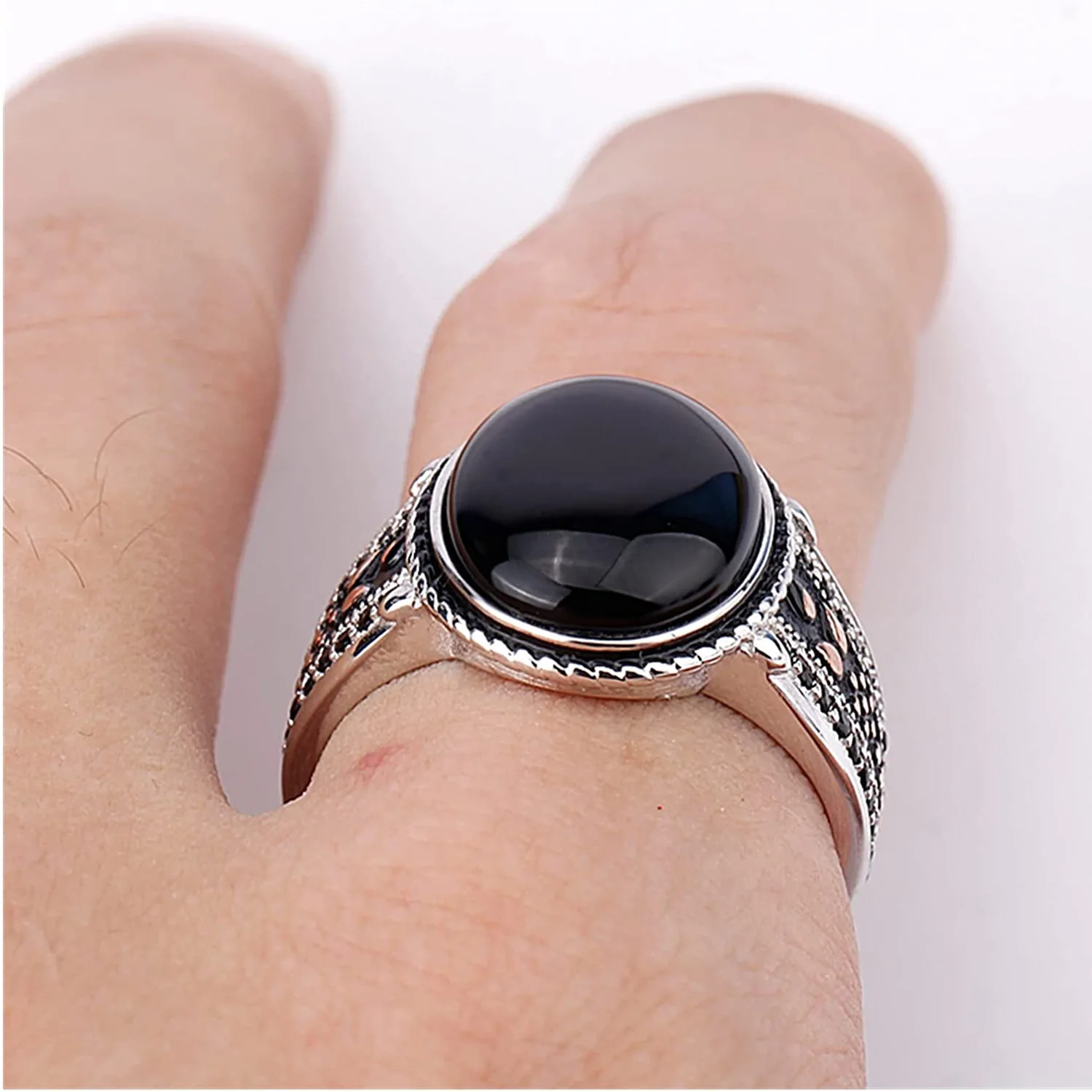 Luxury Custom 925 Sterling Silver Eagle Design Heavy Jewelry Oval Black Solid Stone Gemstone Men Zircon Ring
