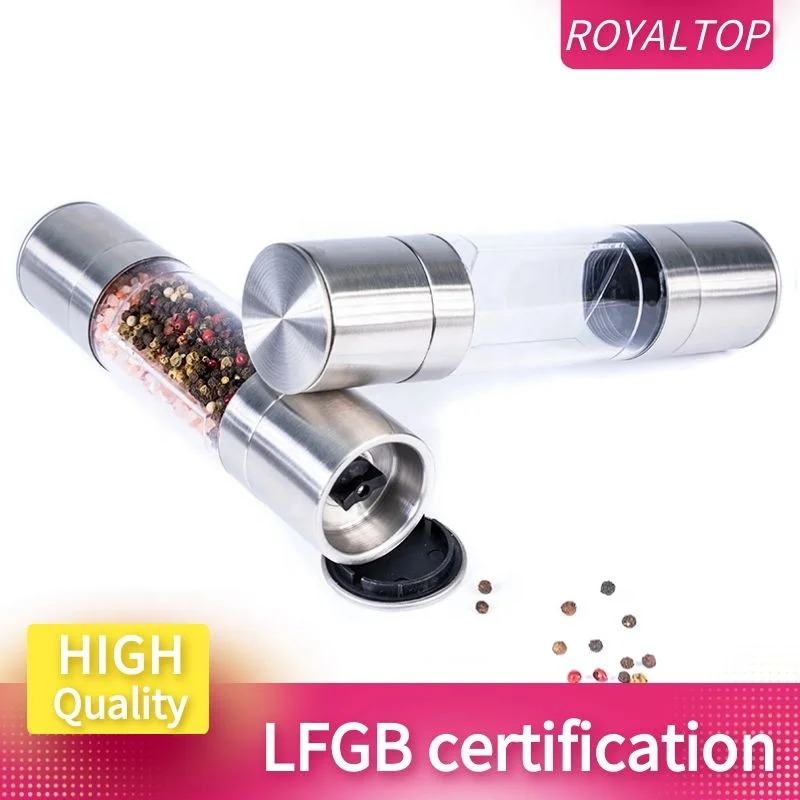 Kitchen Cooking Gadgets Ceramic Stainless Steel Manual Sea Salt Mill & Black Pepper Grinder Set with 2-in-1 Acrylic Spice Bottle