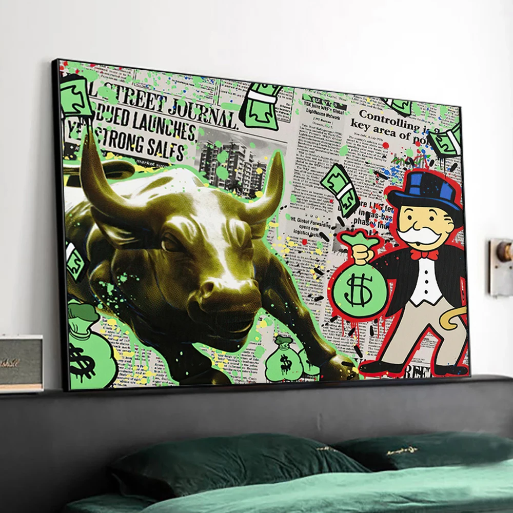 Graffiti Art Canvas Painting Alec Monopoly and Angry Bull Poster Prints Wall Art Picture for Living Room Home Decoration Cuadros