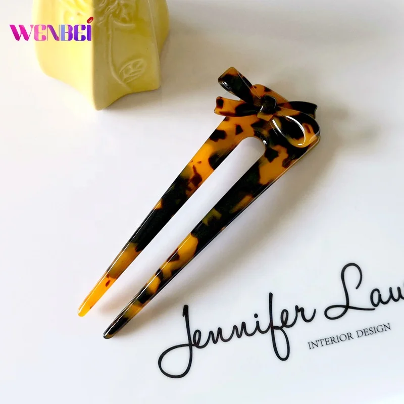 Luxury 11CM Acetate Bow U-shaped Hair Sticks Hairpins Hair Chop Tortoiseshell Chinese Hairpin Stick