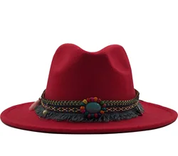 Fedora Hats Women Wholesale 2021 Wide Brim Solid Color Matching Party Trilby Cowboy Cap Wedding Wool Felt Jazz Fedora Hat