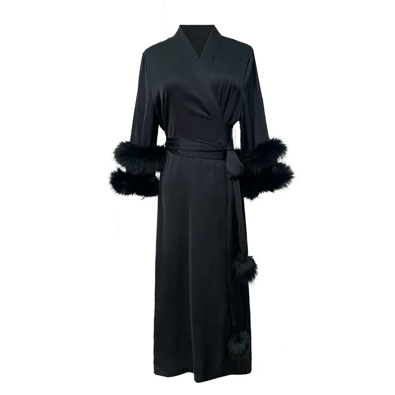 Hygieia Custom Elegant Satin Wedding Bridesmaid Robes Silk Kimono Feather Trim Cuffs Long bridal Robes Pajamas Women