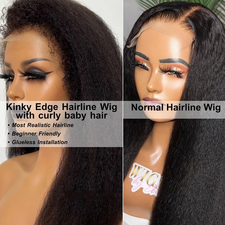 4C Edges Natural Hairline Wig Kinky Straight 13x4/13x6 HD Lace Front Human Hair Wigs With Curly Baby Hair Lace Closure Wig