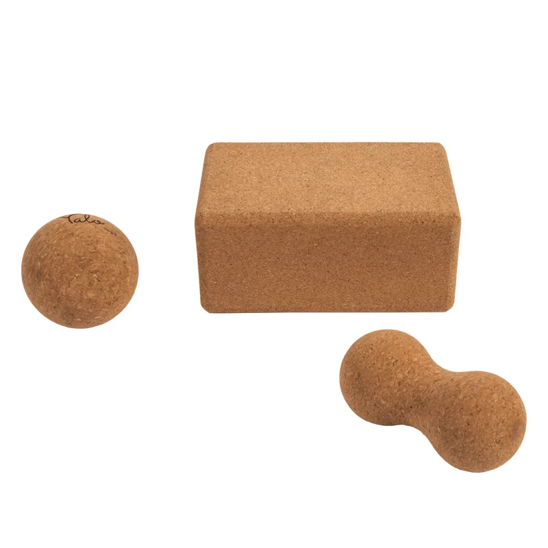 SHENGDE New Design Eco-Friendly Cork Yoga Block Set Custom Logo Pilates Foot Massage Ball Natural Cork Yoga Block