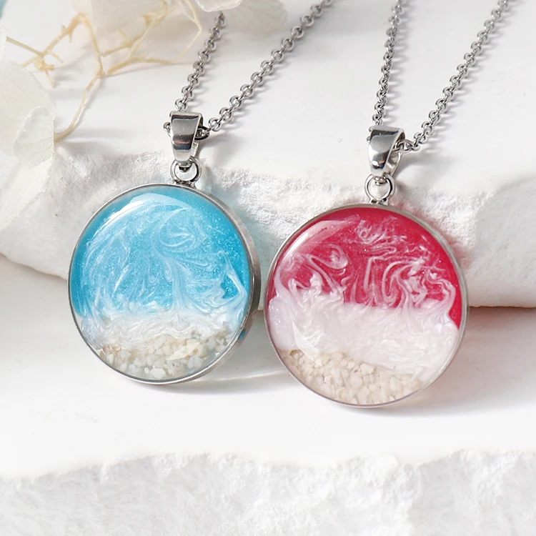 Handmade Round Ocean Resin Necklace Jewelry Wave Pendant Necklace with Stainless Steel Link Chain