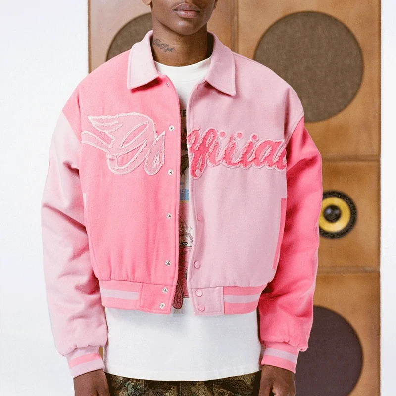 Men Retro Custom Applique Letter Chenille Embroidery Baseball Bomber Manufacturer Vintage Pink Outdoor Letterman Varsity Jackets