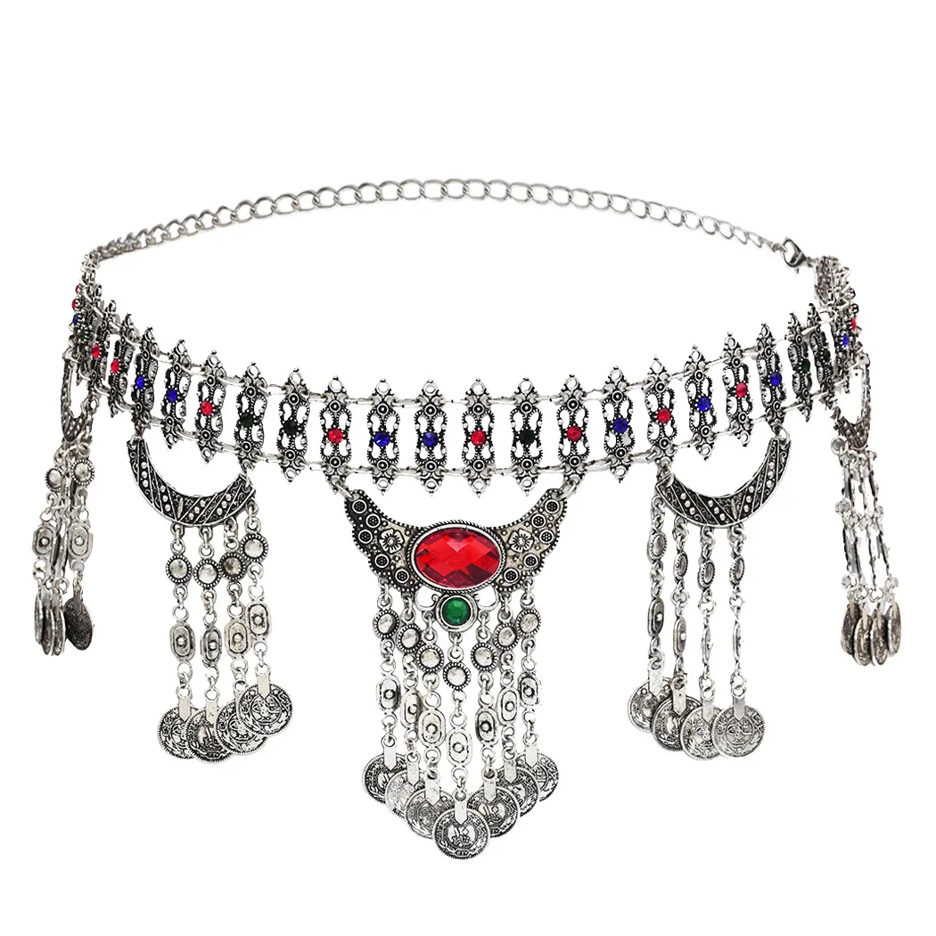 C&J Vintage Silver Color Coin Tassels Belly Dance Body Chain Bohemian Waist Chains Turkish Gypsy Carving Beach Belt Body Jewelry