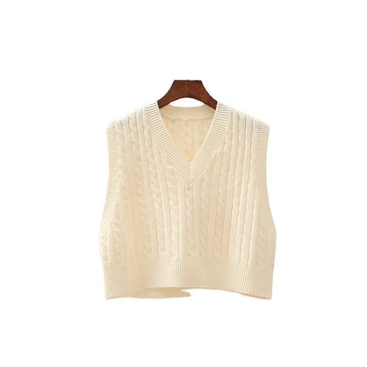 VIgour High quality vintage v neck cable knitted high waist short sweater vest women