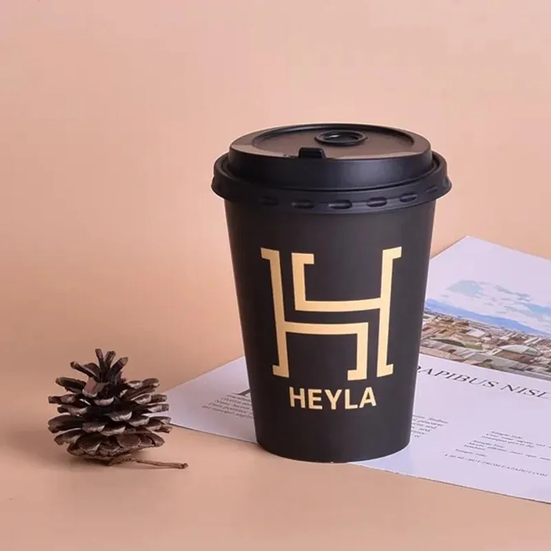 Factory Customize 8oz/12oz/16oz black hot drink paper cup single wall disposable paper coffee to go cup with Lid