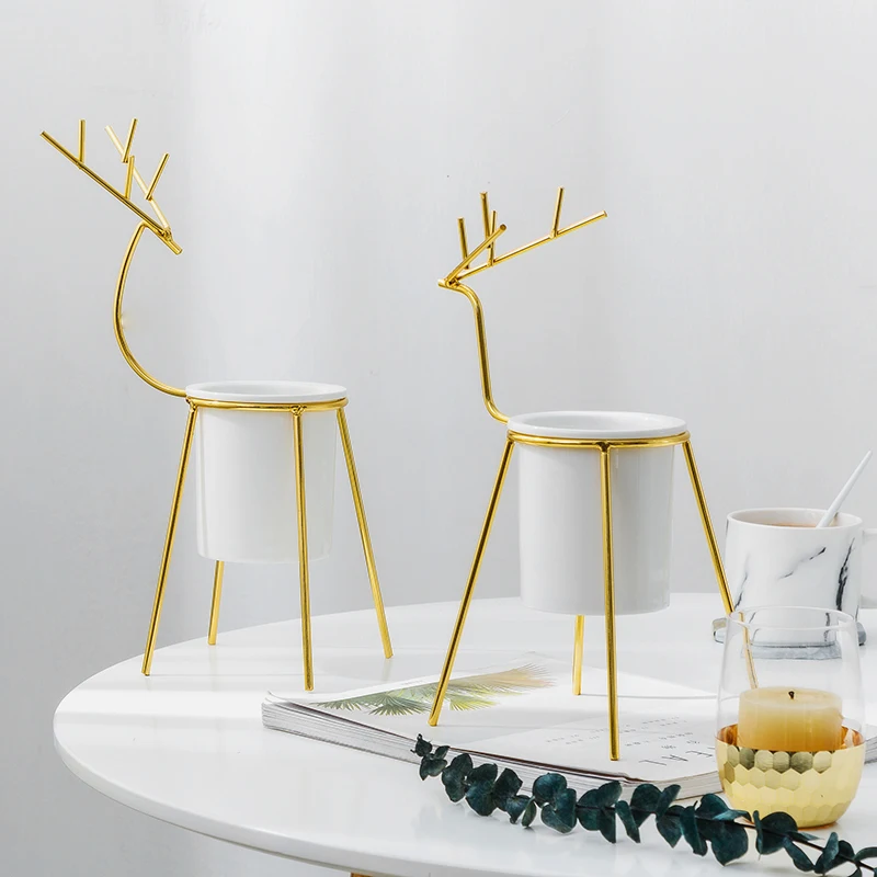Wholesale  Indoor Ceramic Succulent pots planter with Golden Metal Deer Stand, Ceramic Cactus Planter Pot