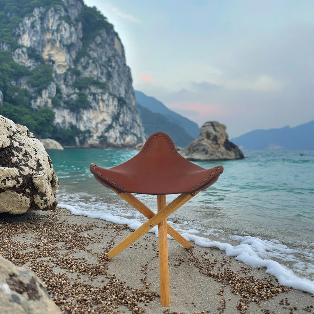 Factory Price Handmade Outdoor Hiking Camping Fishing Hunting Chairs Solid Wood Foldable Wooden Tripod Stool with Leather Seat