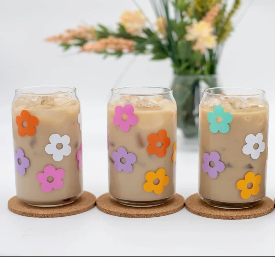 Daisy Coffee Glass, Boho Beer Glass Jar