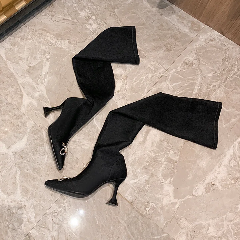 1 пара из эластичного материала в форме буквы У роскошные сапоги выше колена модные чашки пятки ботфорты черного цвета с круглым носком на каждый день, высокие женские сапоги