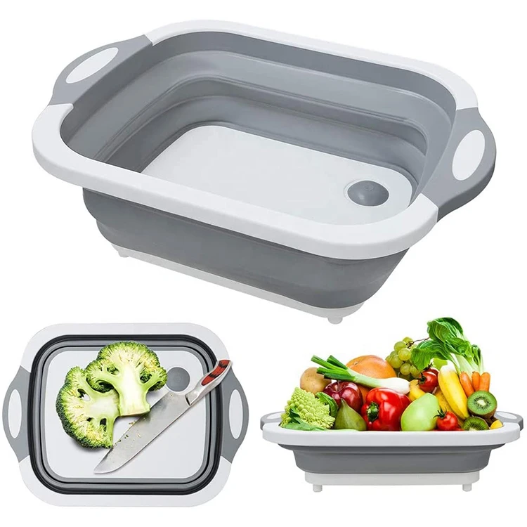 3 in 1 Multifunctional Vegetable Washing Collapsible Cutting Board with Colander and Drain Sink Storage Basket
