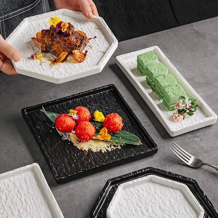 Multiple shape 6/8/10 inch wholesale porcelain dinner plate black white restaurant ceramic food serving plates for catering