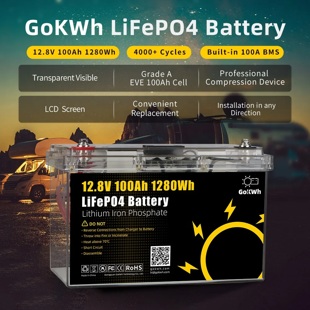 GoKWh Transparent Lifepo4 Lithium Battery 12V 50Ah 100Ah 200Ah Akku Pack for RV Boat Home
