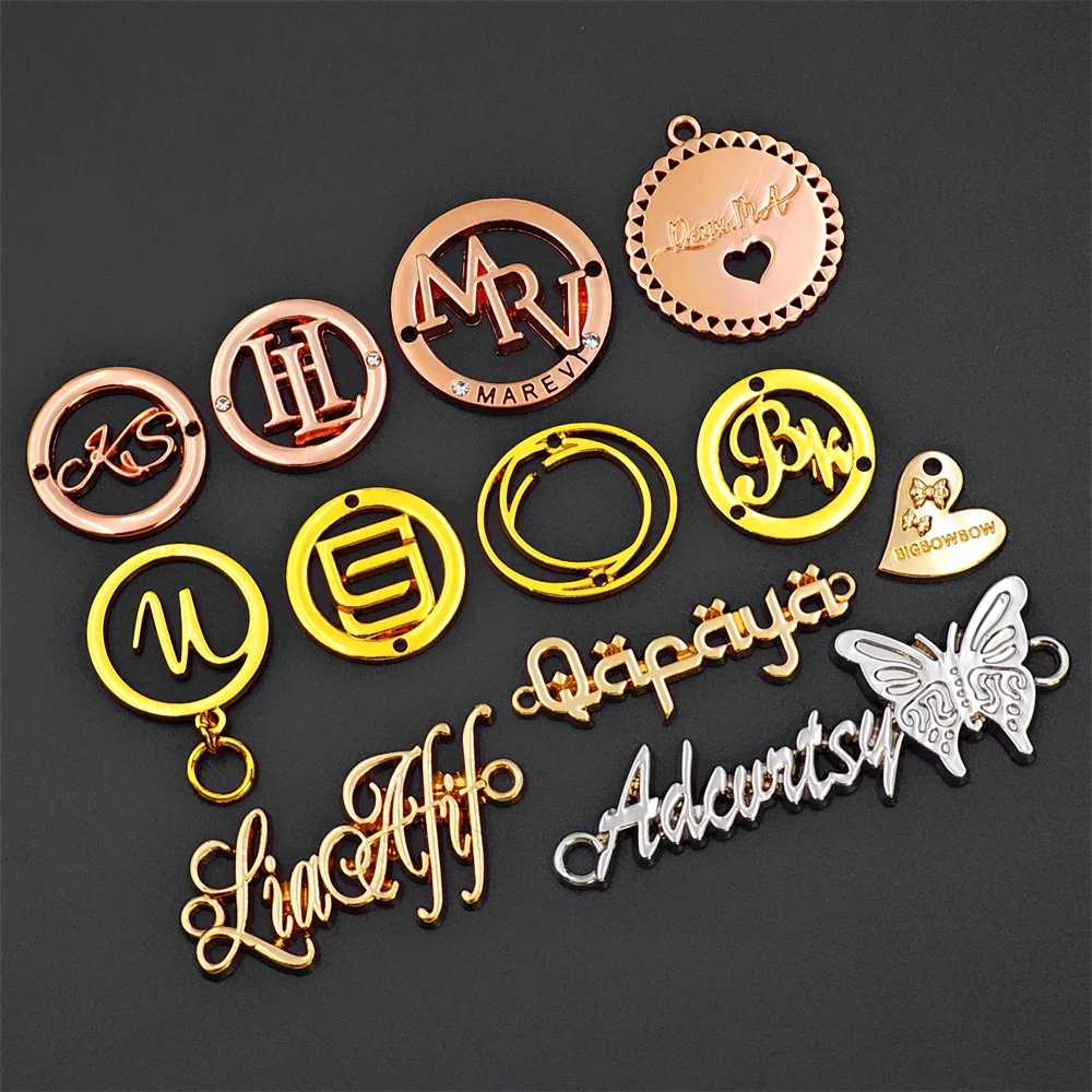 Costume embossed name abaya design metal clothing custom brand plate metal tags handbag metal label logo for clothes clothing