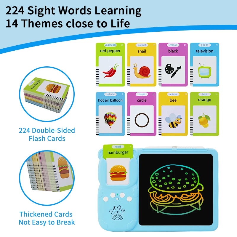 Digital Electronic 2 in 1 Lcd Writing Tablet English Animal Emotion 112 224 Sight Words Talking Flash Cards for Toddlers