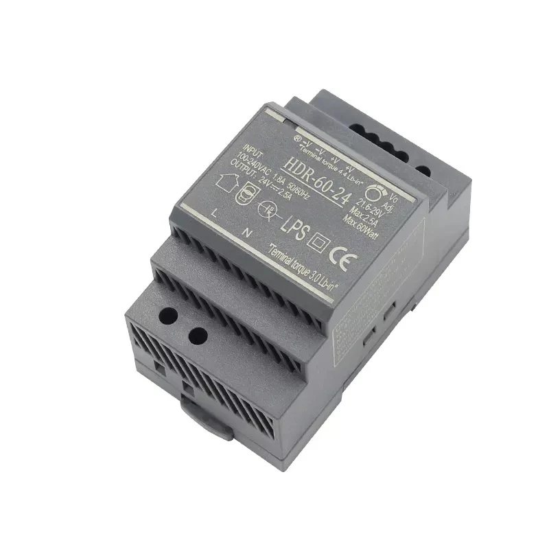 HDR-60-24 din rail power supply ultra slim din rail mounting smps 60W 24V 2.5A low power consumption switch mode power supplier