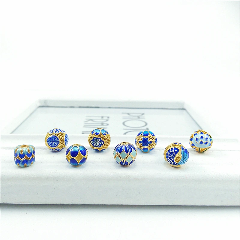 Fashion Round Ball Hollow Carved Enamel Cloisonne Top Quality Gold-Color Spacers Beads for Earring Bracelet Accessories Jewelry