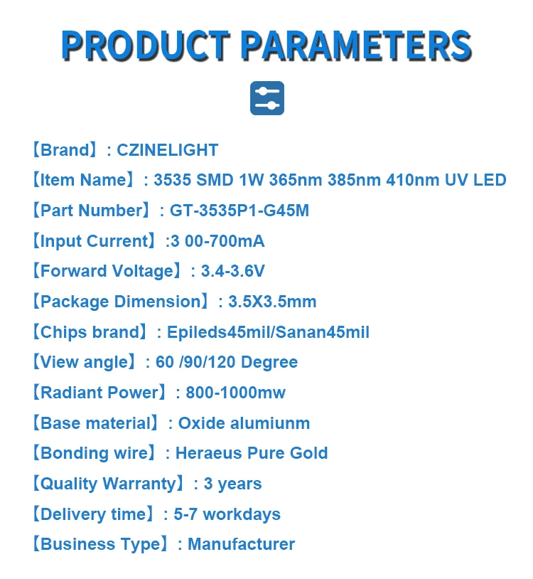 Czinelight 3535 SMD 1W 365nm 385nm 410nm UV LED