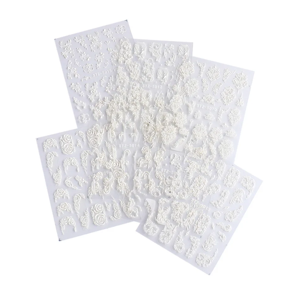 New 5D Acrylic White Wedding Design Nail Stickers Embossed Flower Lace Adhesive Decals French Winter Sliders DIY Manicure Decor
