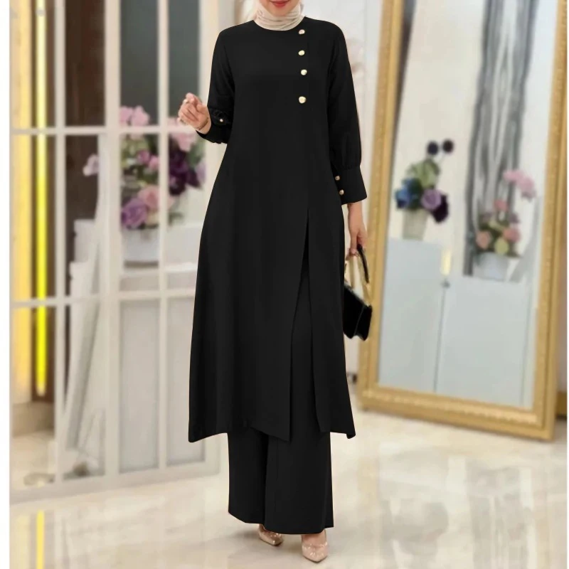Wholesale Turkey Muslim Suit Abaya Modest Set Solid Long Shirt Wide Leg Pant Women Long Tunic Tops And Pants Muslim 2 Piece Set