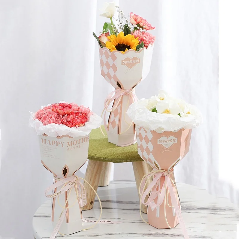 Custom Printed Bouquet Stand Paper Box Unique Flowers Bouquets Packaging Vase Boxes Customization Flower Display Paper Box