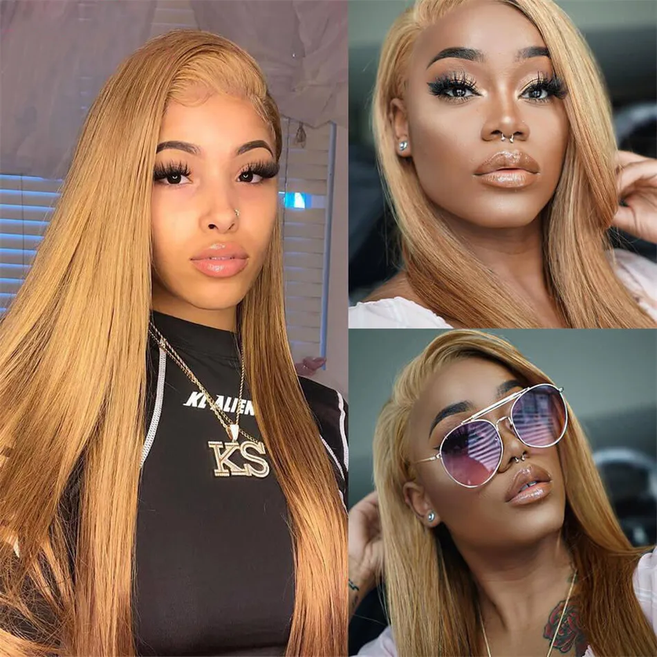 Cheap #27 Colored Wigs Human Hair Lace Front Bone Straight Human Hair Wig Wholesale Honey Blonde Lace Front Wigs For Black Women