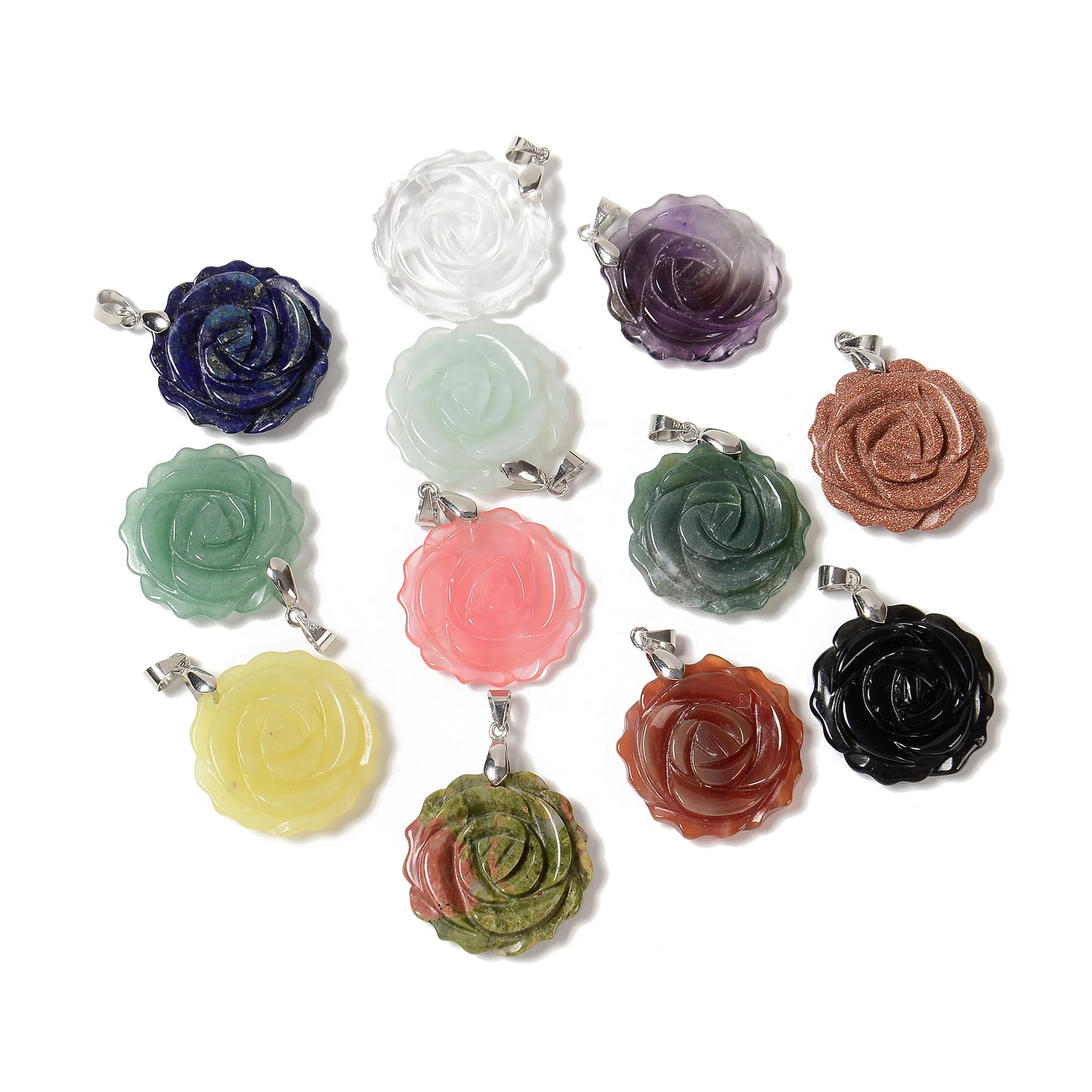 YMJ Vintage 25mm Real Jade Tiger Eye Big Carved Rose Flower-shape Charm Pendant Healing Stone Pendants for Necklace Jewelry Diy