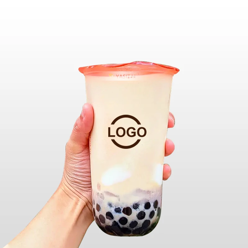 Custom Logo Printed Clear Disposable Plastic U Shape blister PP  Juice Boba Milk Bubble Tea Cup With Lids