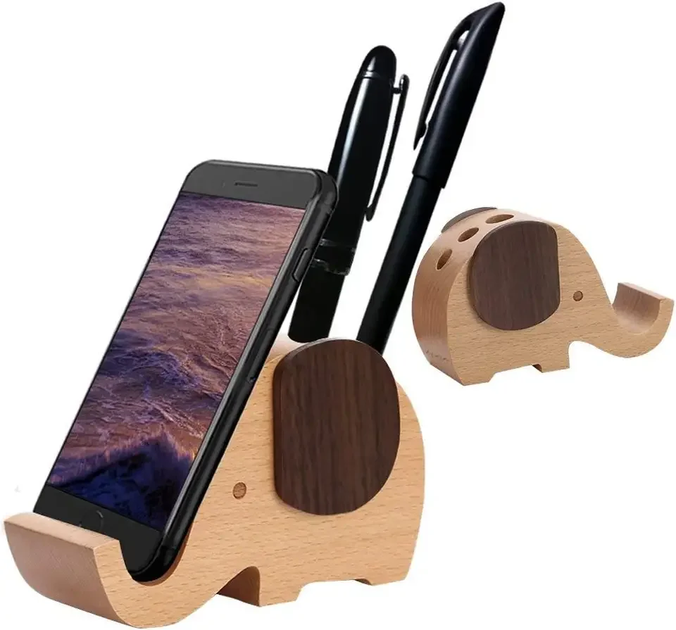Wood Made child cute  Elephant Phone Stand for Smartphone with Pen Holder for Desk Organizer