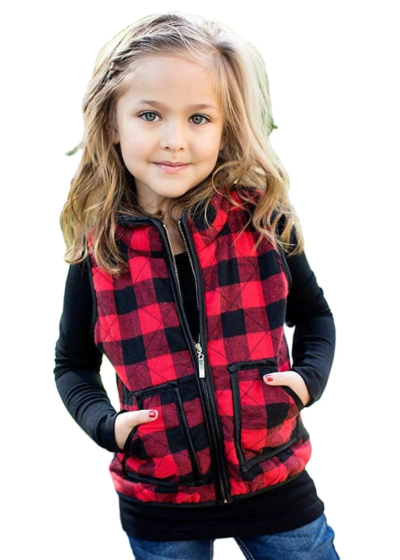 Hot sale Winter Warm Waistcoat Vest Clothes Kids Puffer Quilted Pocket Gilet Coat girl Buffalo Plaid Zipper Jacket