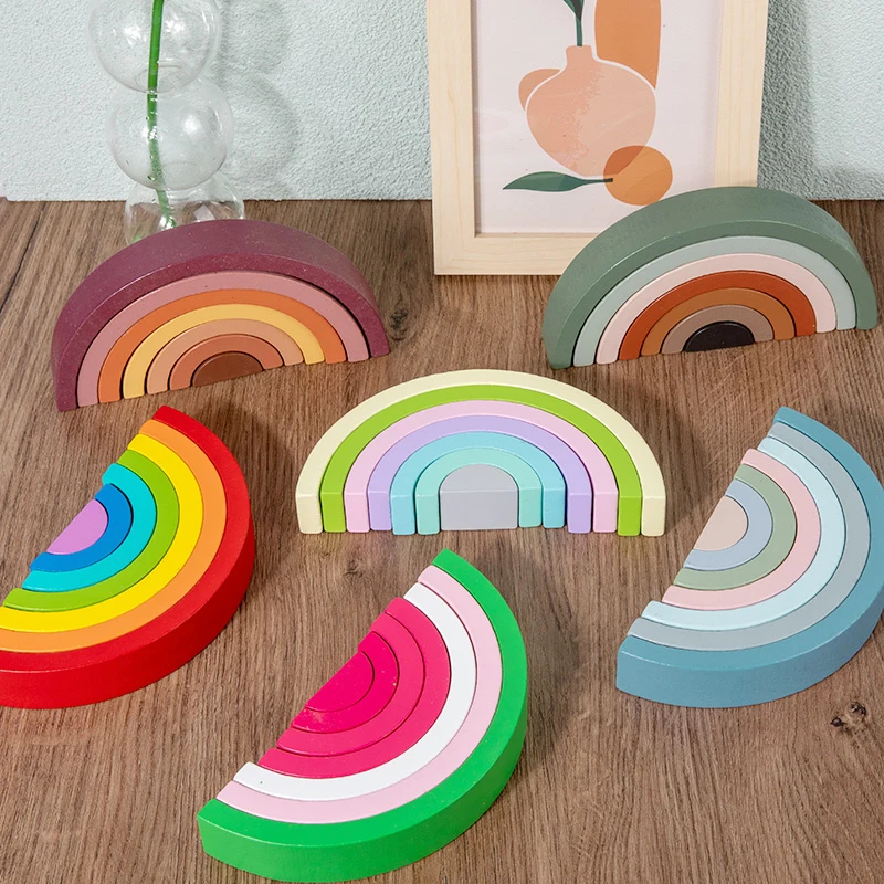 Montessori Educational Toys Rainbow Stacker 6 Pcs Wooden Rainbow Blocks Wooden Toys Montessori Early Education Stacking Toys