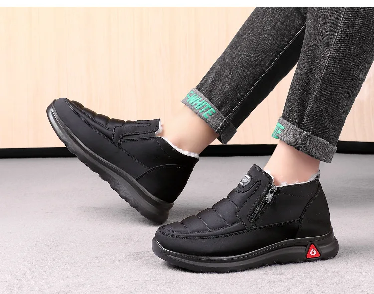 Soft PU sole side zipper wool lined anti slip Men winter wool warm shoes loafers waterproof snow boots for man