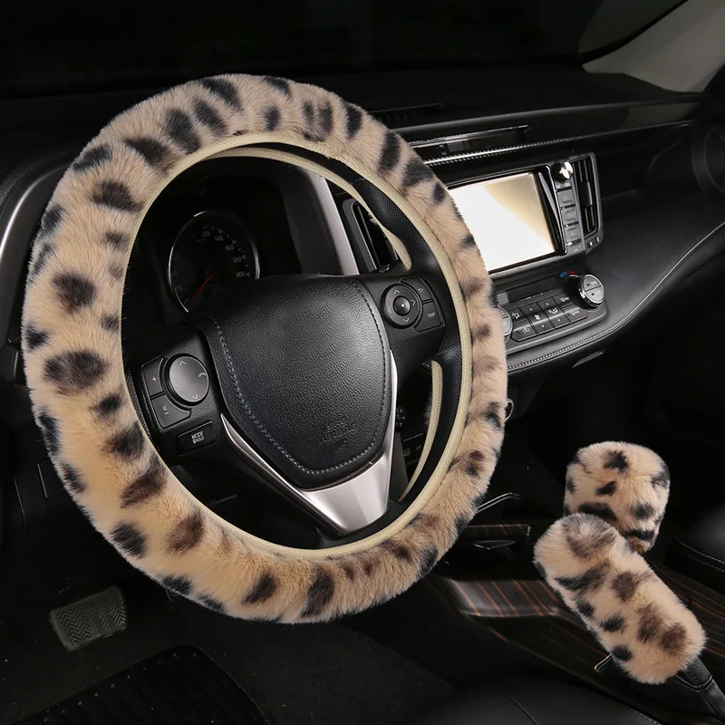 Wholesale winter wool steering wheel cover car fur leather leopard printed steering wheel cover