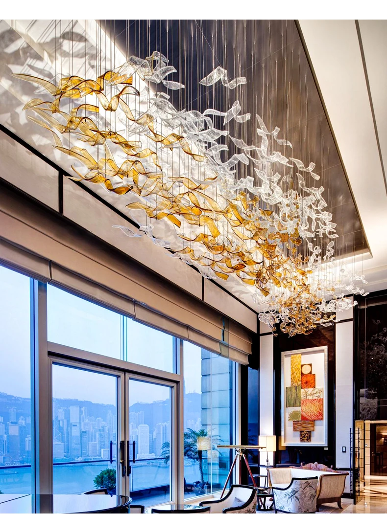 Large Project Ceiling Pendant Lamp ODM Hall Lighting Luxury Murano Glass Ribbon Chandelier