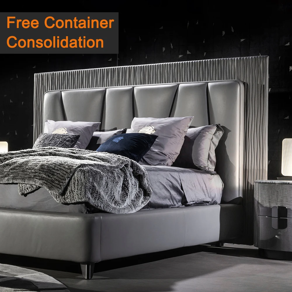 High End Villa Bedroom Furniture Gray Leather Up-holstered Modern Italian Luxury Bed