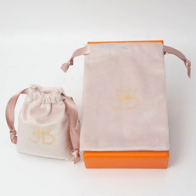 Custom Logo Printed luxury Pink Gift Velvet Drawstring Pouch cosmetic Bag with Pink ribbon