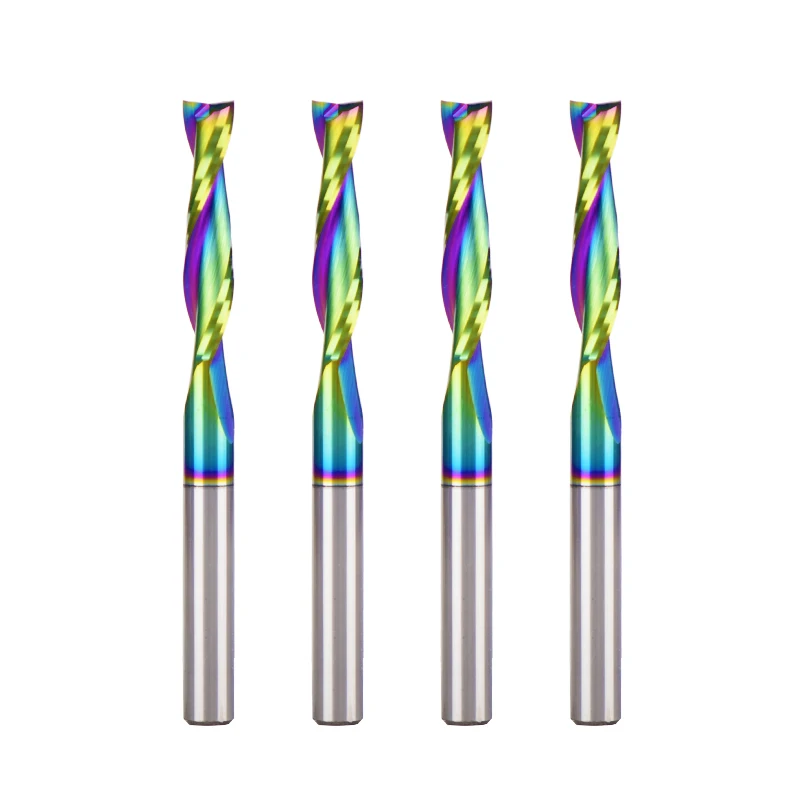 China Factory CNC Router Bit Two Flutes Spiral End Mill Cutters Up Cut Down Cut Milling Cutter with DLC Rainbow Coating