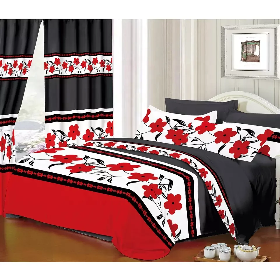 Home textile product 6pcs bedding set 100% polyester microfiber printed bedsheet fabric with curtains fabric for bedroom
