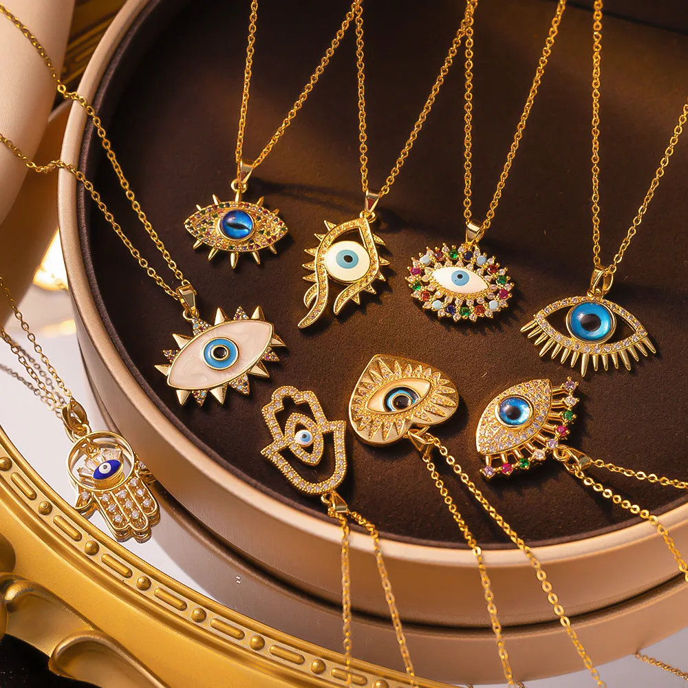 NUORO Turkish Blue Eyes Pendant Necklace Stainless Steel Collarbone Chain Copper Gold Plated Geometric Evil Eye Charm Necklace