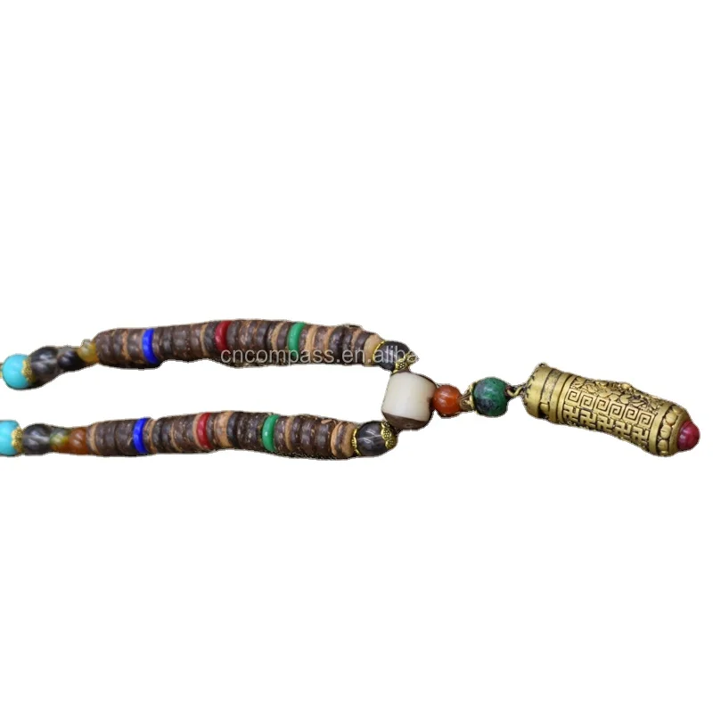Handmade Nepal Jewelry Buddhist Mala Wood Beads Pendant Necklace Ethnic Horn Fish Long Statement Necklace For Women Men